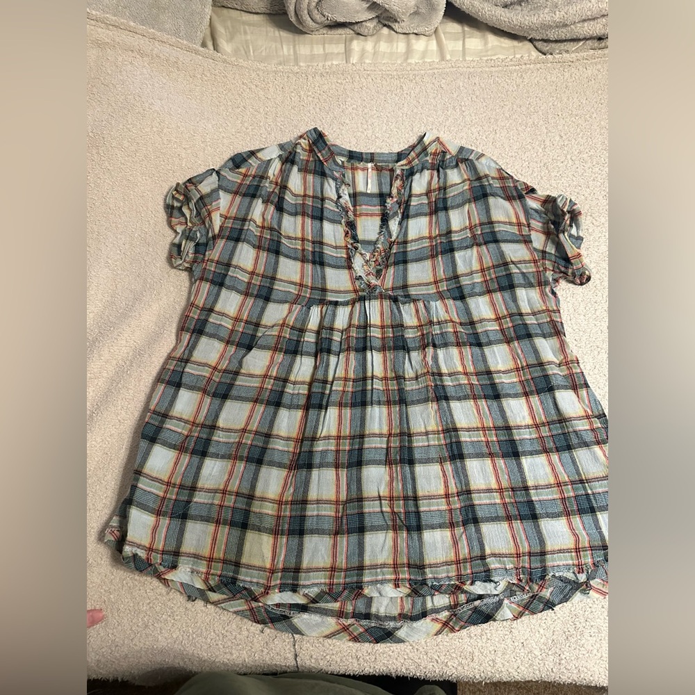 Free People Blue and Red Blouse with Ruffled Sleeves